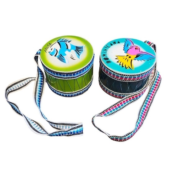 Set Of 2 Vtg Hand Painted Small Hand Drums Bongo Aruba Dominicana W/Strap Bird - Picture 1 of 10